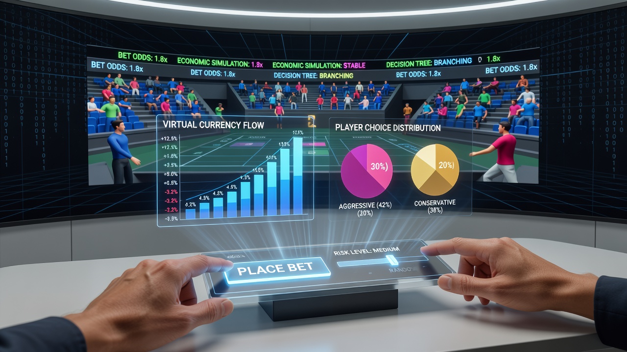 Virtual economy simulation interface showing player currency flows and betting decision trees in a digital environment