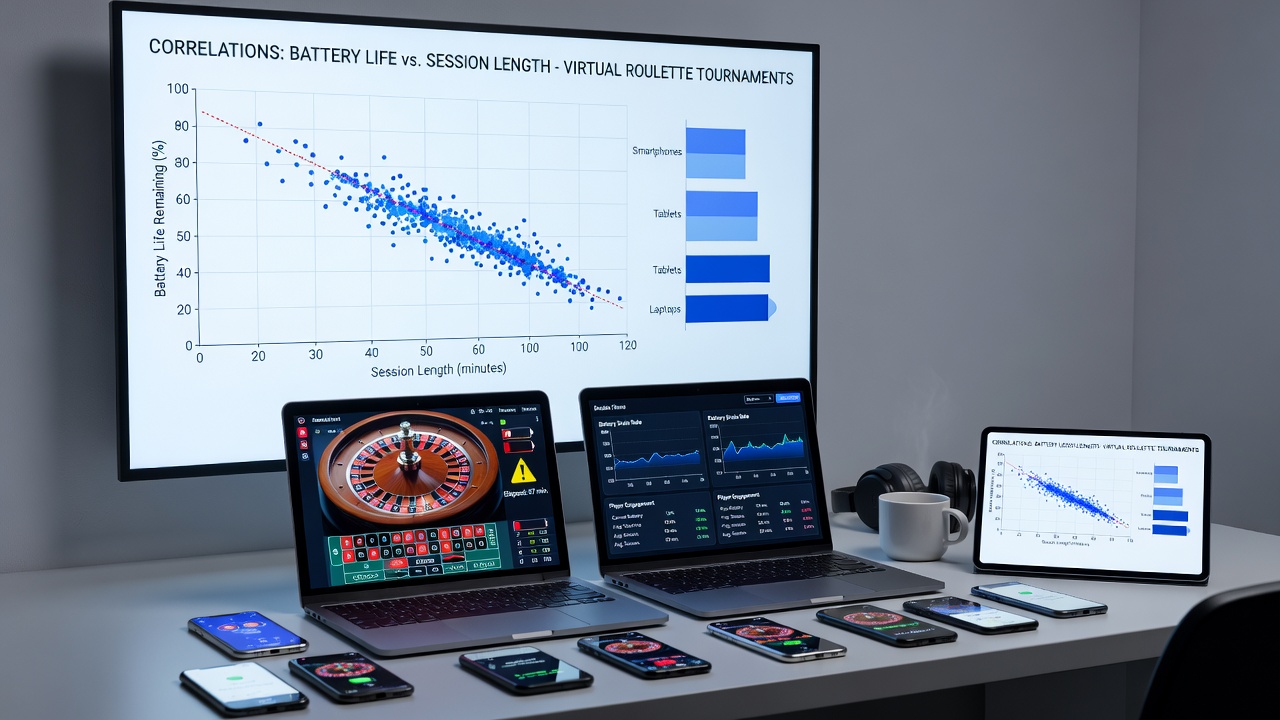 Analytics dashboard showing session length trends plotted against battery percentage levels from mobile roulette tournament participants