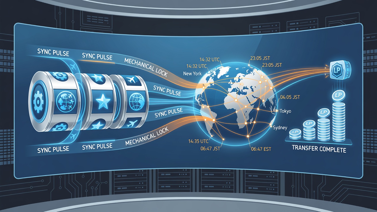 Animated slot reels syncing with loyalty point transfers across global time zones in a digital casino interface