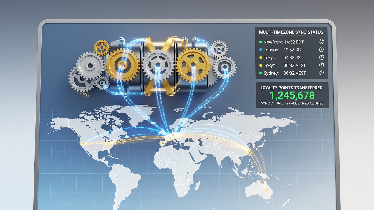 Cross-border loyalty points transferring in real time while slot reels animate during a multi-timezone casino event