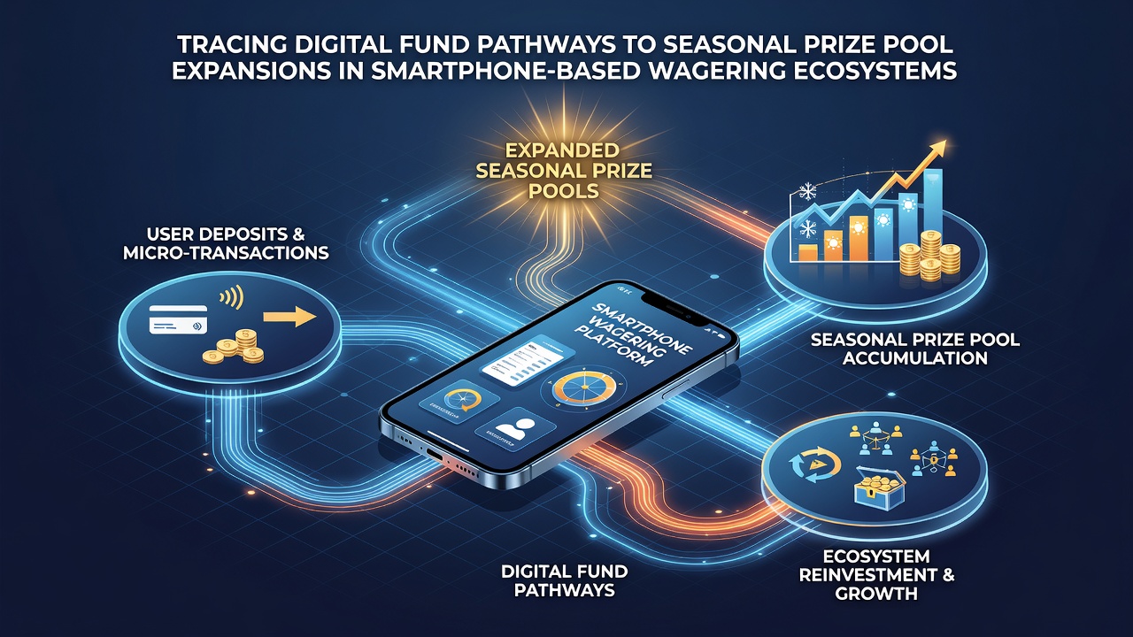 Smartphone screen showing real-time fund allocation into expanding seasonal prize pools within a mobile wagering application