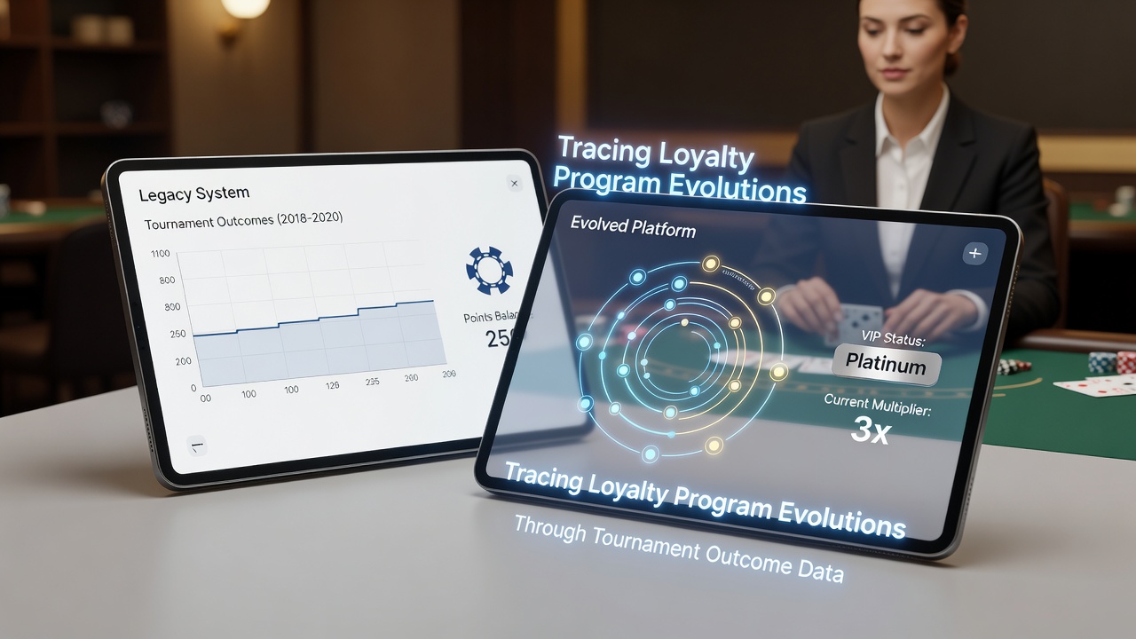 Analytics dashboard showing loyalty tier progression linked to tournament results on mobile screens