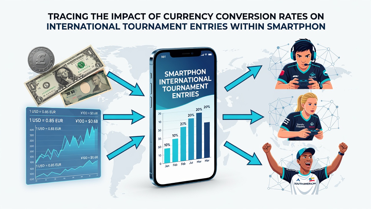 Global map overlay showing currency flow arrows between regions and smartphone tournament participation metrics